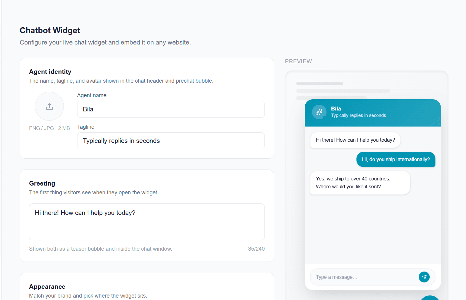 Replai chatbot widget configuration with agent identity, greeting setup, and live preview — built by Bila Automation